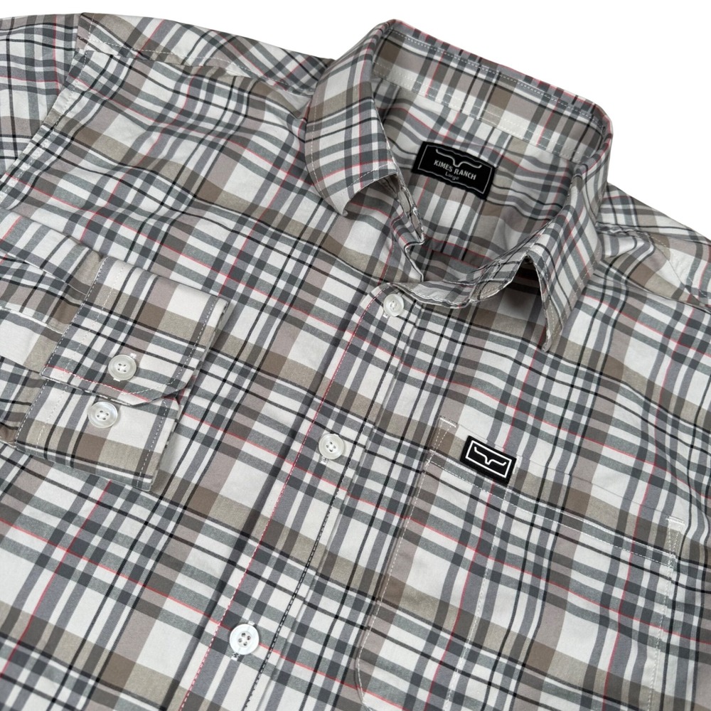 Kimes Ranch Mens Large Grey Tan Plaid Coolmax Stretch Western Button Down Shirt